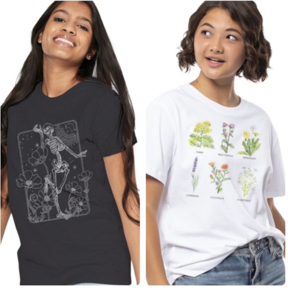 NWOT Bundle 2 tee shirts skeleton dancing and healing flowers white and black L